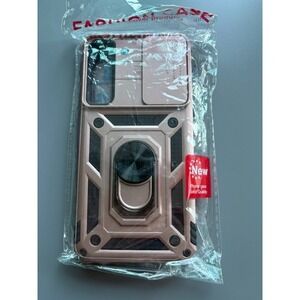 Samsung Galaxy 22 Rose Gold Rugged Armor Phone Case Ring Stand Sliding Camera